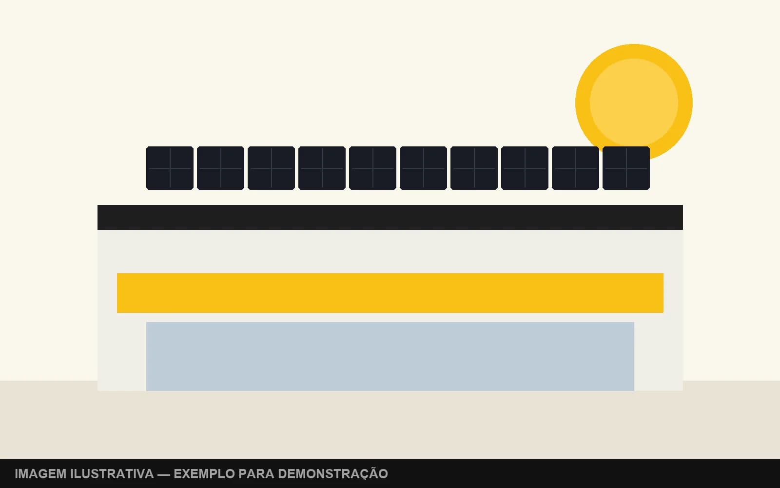 Ilustração de edifício comercial com módulos fotovoltaicos na cobertura — exemplo para demonstração
