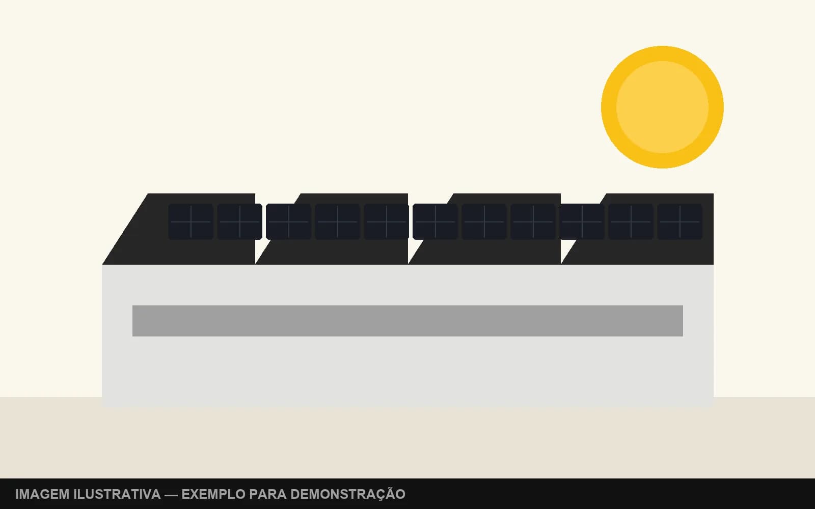 Ilustração de galpão industrial com módulos fotovoltaicos — exemplo para demonstração